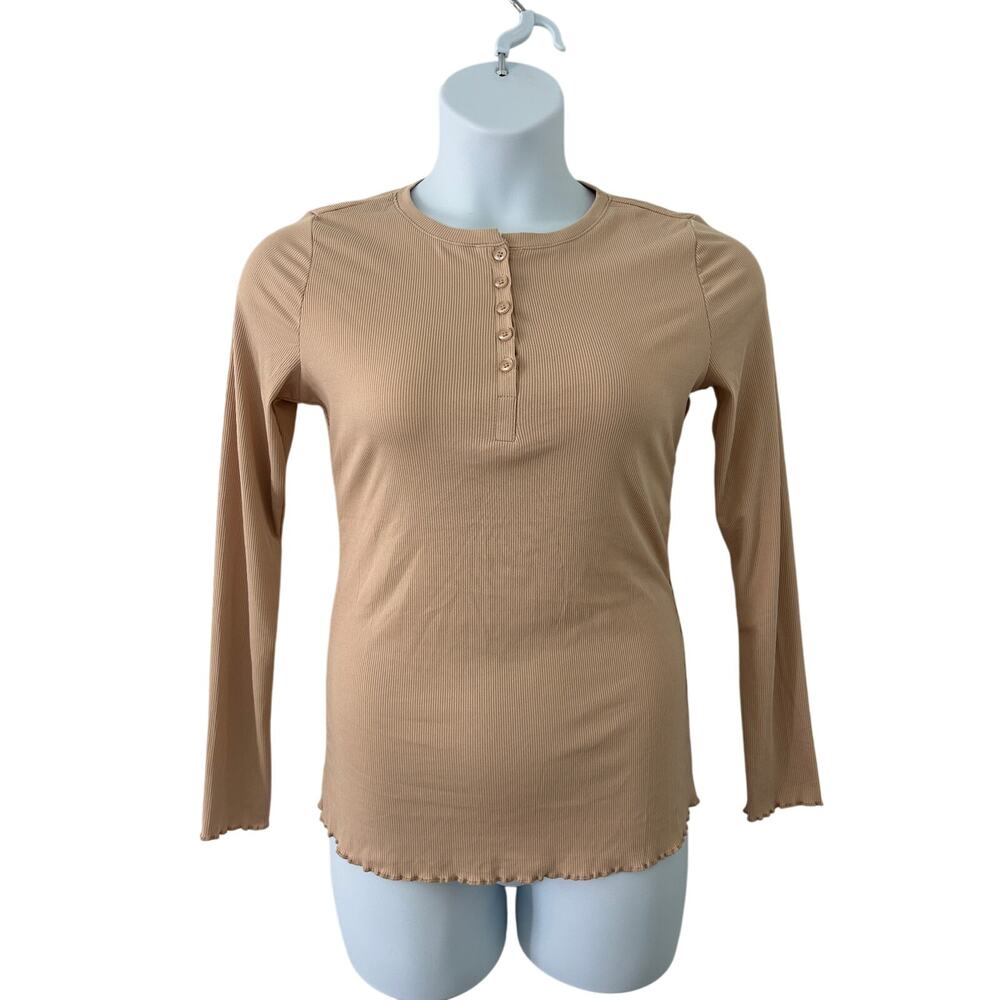 Ekouaer Women's Long Sleeve Ribbed Button Lettice Hem Top Blouse L Large New
